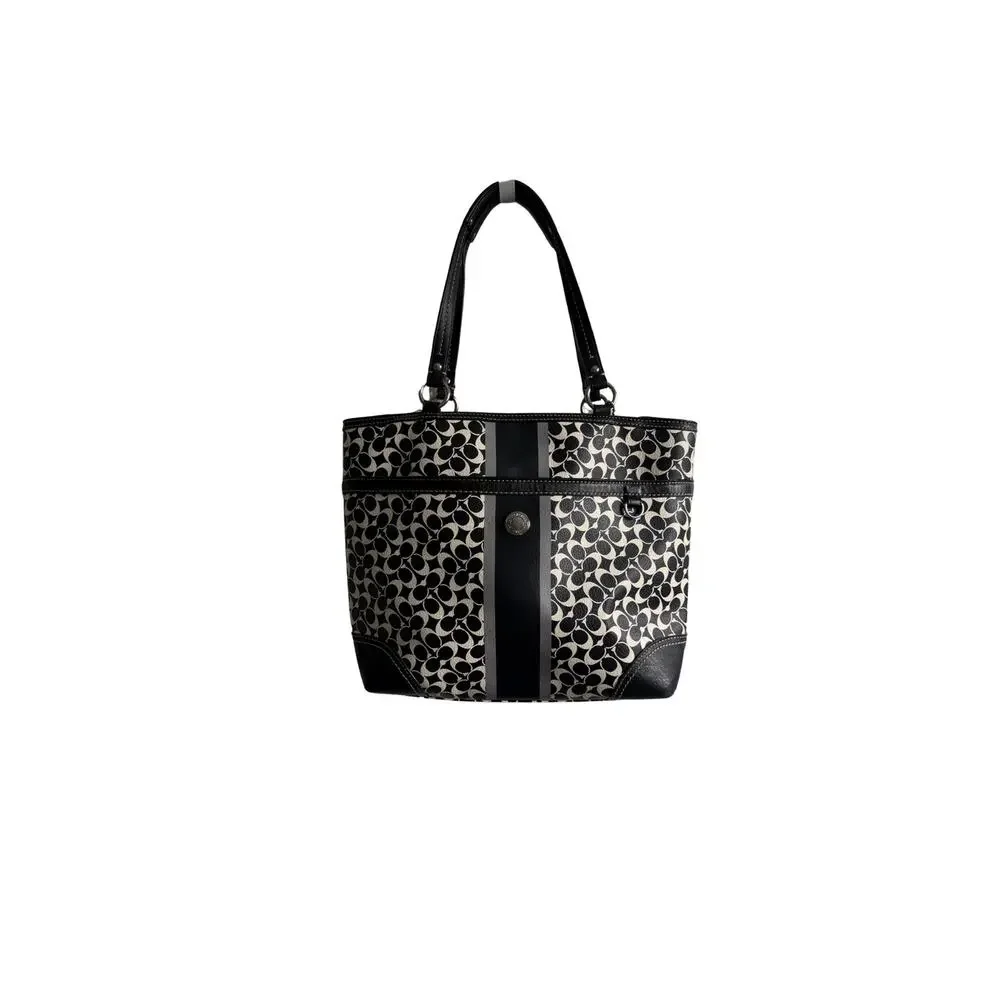 Coach Signature Tote F15137 Black White Canvas Leather Shoulder Bag - Picture 1 of 6